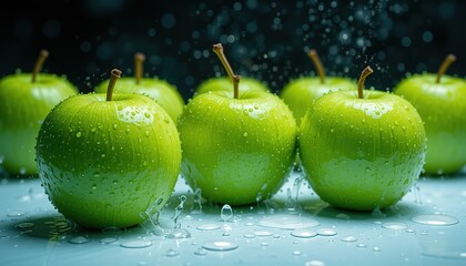 Fresh Green Apples Sparkling with Water Drops