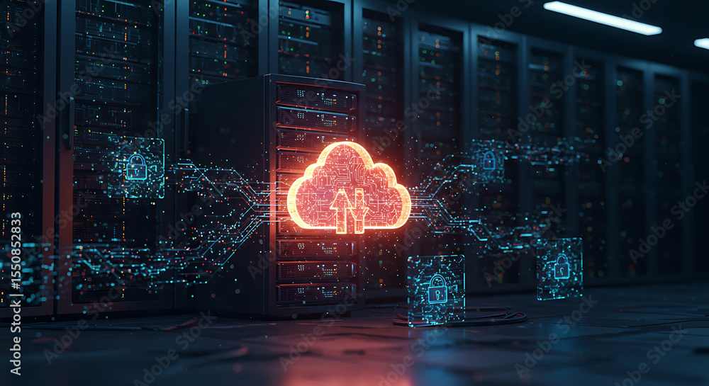 Poster cloud computing data center: an evocative visual of a data center. illuminated cloud symbol signifie