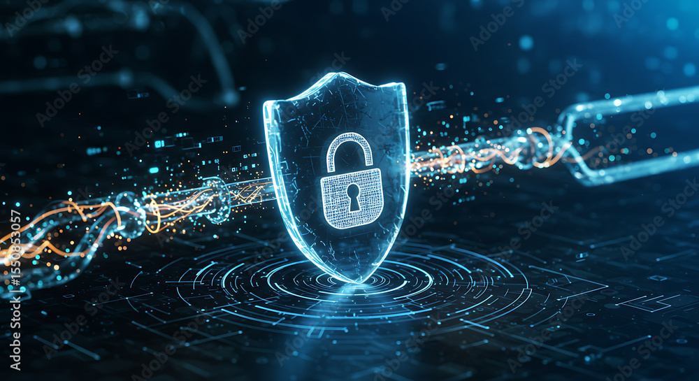 Poster digital security shield: a glowing, artistic shield with a padlock symbolizes robust digital securit