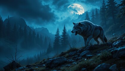 Solitary Wolf Hunt Under Nocturnal Sky