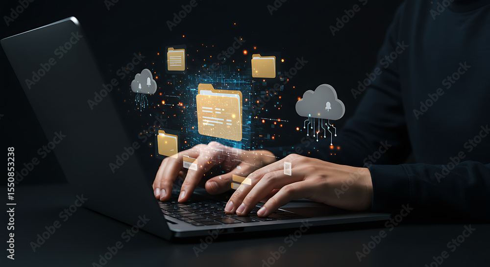 Poster cloud computing and data management: a person works on a laptop, managing digital files that are vis