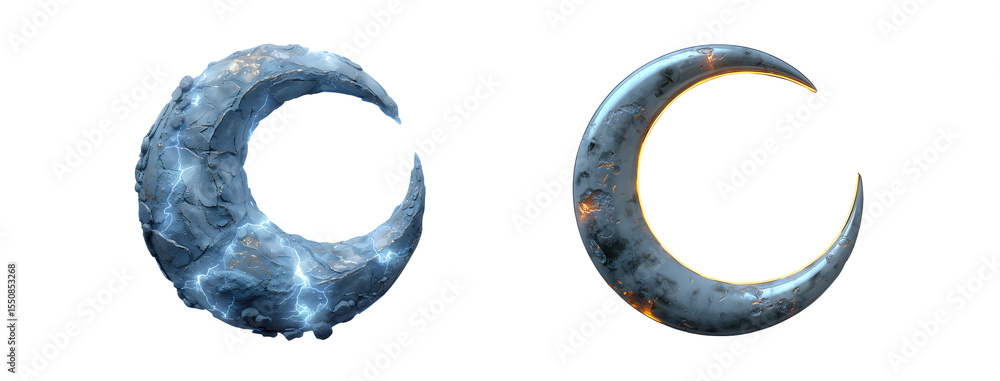 Poster two crescent-shaped objects with textured surfaces. isolated on transparent background