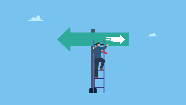Vector illustration of businessman businessman paint opposite direction arrow on arrow sign. Change to opposite direction, business decision to change for better opportunity, career path concept.