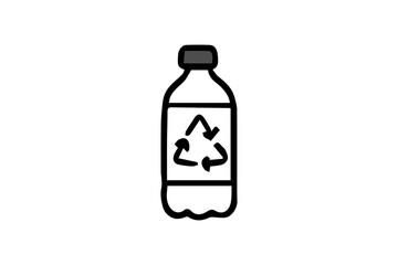 The image shows a black and white icon of a plastic bottle. The bottle has a label on it displaying a recycling symbol made up of three arrows forming a triangle