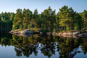 Serene lake nestled among towering pine trees in the forest