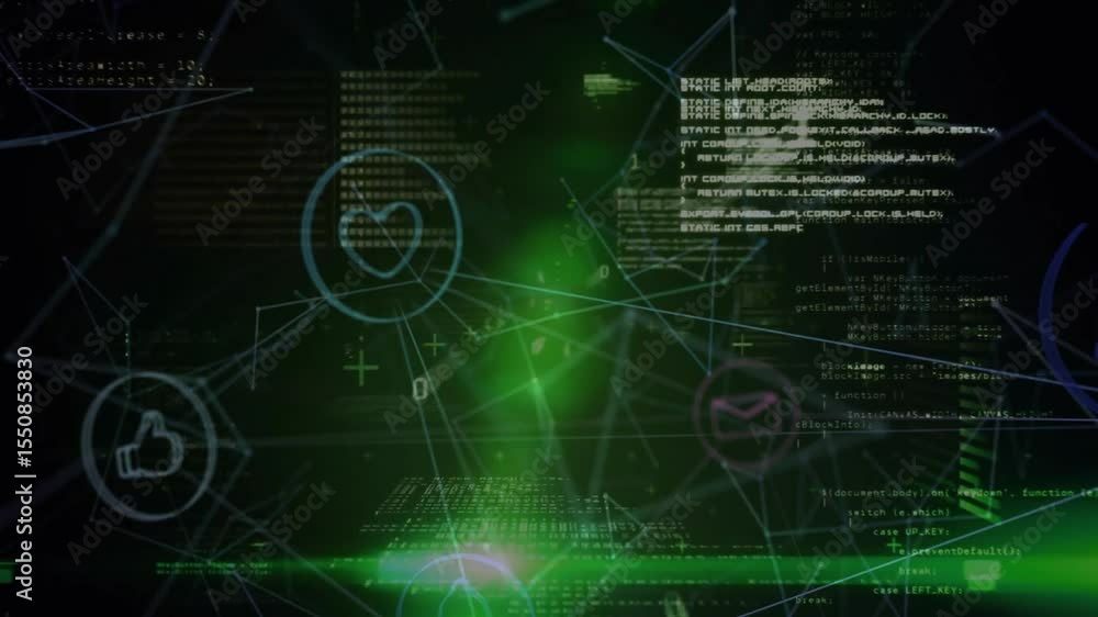 Poster pulsing green beam starting code bits and icons connecting and visualizing digital network