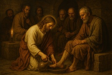 Biblical scene of Jesus demonstrating humility and service by washing disciples' feet in ancient Jerusalem setting