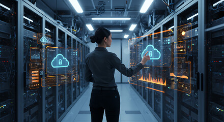 Data Guardian: A tech-savvy woman interacts with digital cloud icons in a server room, representing cybersecurity and digital protection, showcasing technology.