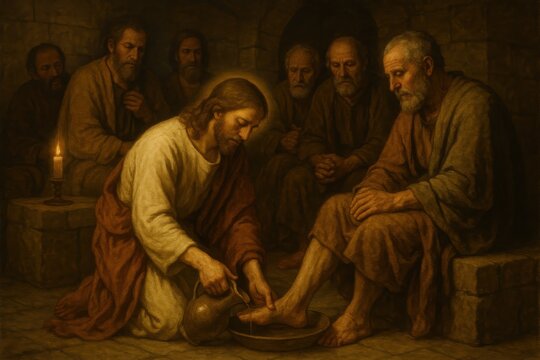 Biblical scene of Jesus demonstrating humility and service by washing disciples' feet in ancient Jerusalem setting