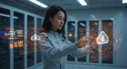 Tech Visionary at Work: A tech-savvy professional, immersed in a high-tech server room, manipulates futuristic augmented reality interfaces with an air of focus.