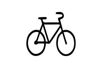 Fototapeta premium The image shows a simple black line icon of a bicycle. The design outlines the essential parts of a bike, including two wheels, a frame, handlebars, a seat, and pedals