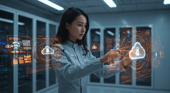 Tech Visionary at Work: A tech-savvy professional, immersed in a high-tech server room, manipulates futuristic augmented reality interfaces with an air of focus. - Powered by Adobe