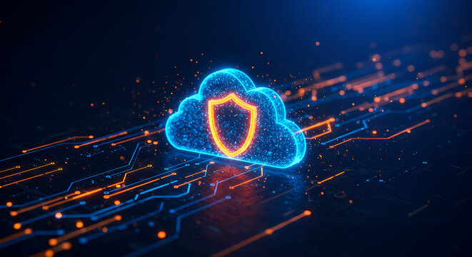 Cloud Security:  A glowing cloud symbol with a protective shield sits above a circuit board, representing digital security and data protection in a futuristic, abstract concept.