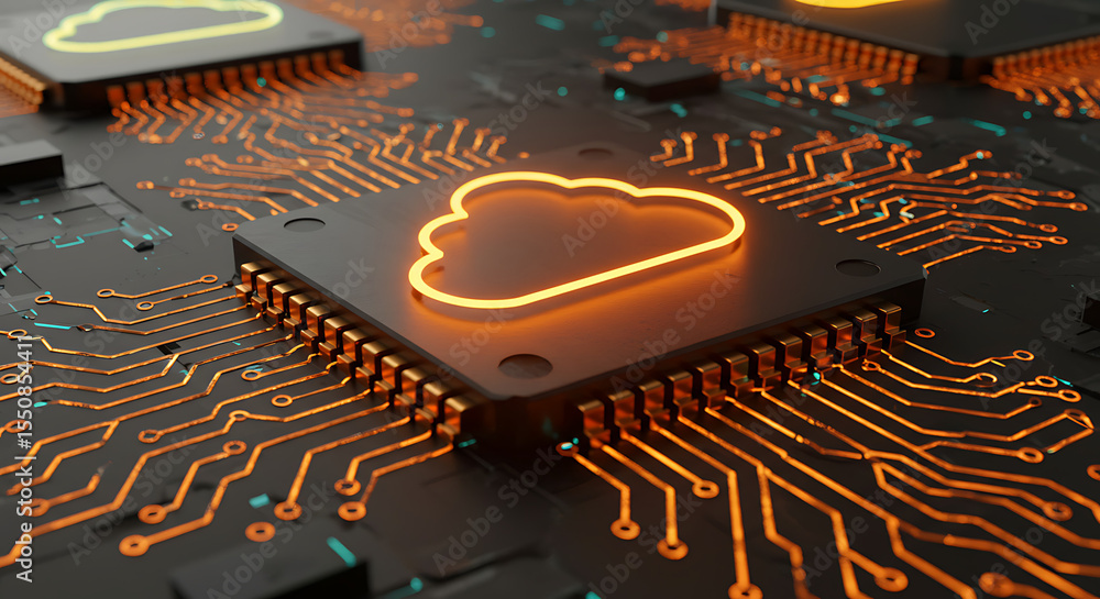 Poster cloud computing and semiconductor: a close-up of advanced electronic circuit boards, showcasing a fu