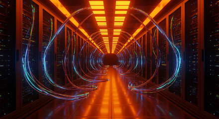 Neon Data Hallway: A futuristic perspective unfolds in a digital data center, illuminated by dynamic neon lights and architectural symmetry, representing data flow and technological advancement.