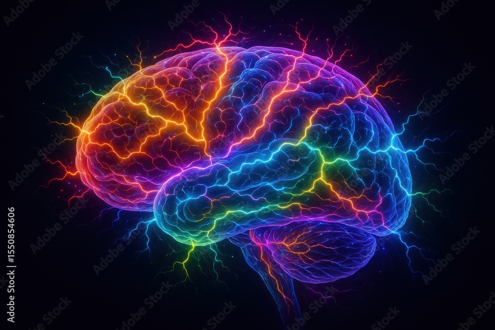Poster human brain neurons firing with vibrant electric synapses creating colorful neural network visualiza