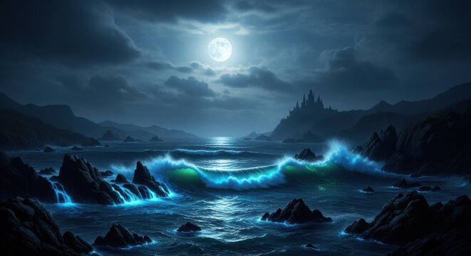 Enchanting Moonlit Ocean Waves Crashing Against Rugged Rocky Shores Under a Starry Night Sky