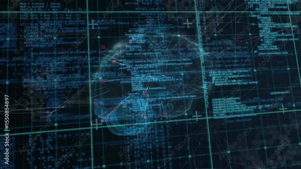Poster brain outline emerging on grid, rotating into 3d hologram mapping code and nodes for neural network