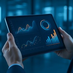 Close-up shot of hands holding a tablet displaying futuristic data visualizations. Ideal for technology presentations and digital innovation concepts.