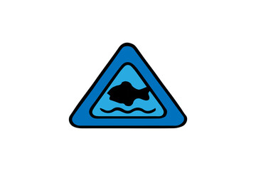 The image is a warning sign icon related to aquatic environments or fish. It features a prominent blue triangular shape with a thick black outline, typical of warning signs