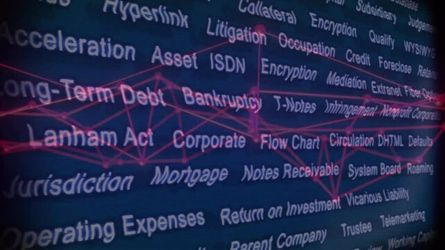 On startup thin neon-pink lines tracing shifting links between legal finance terms showing network