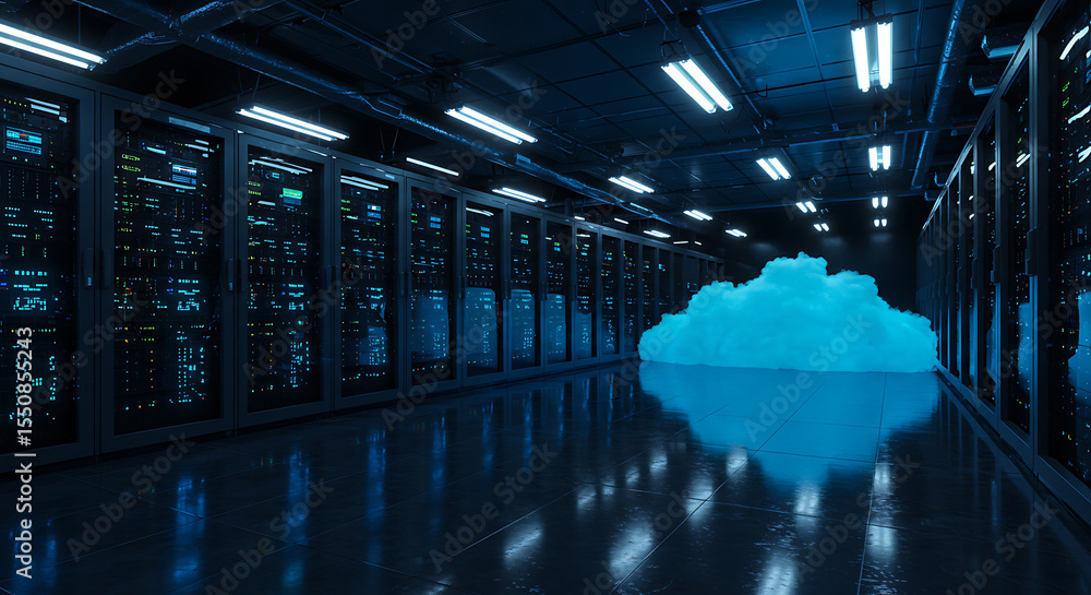 Poster cloud computing: a mesmerizing visualization of a modern server room, the scene artfully captures a 