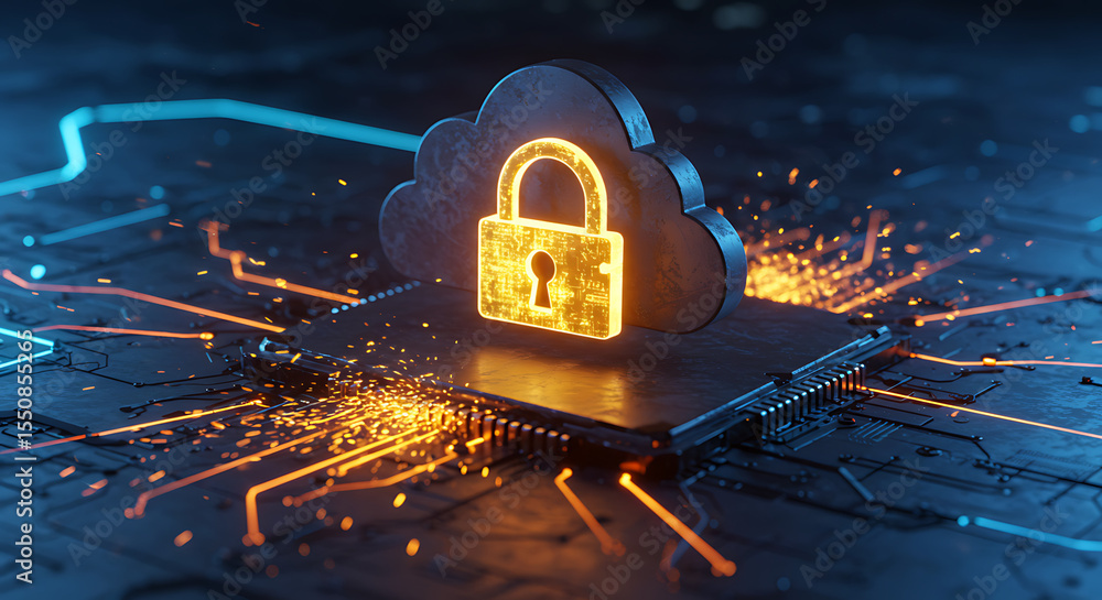 Poster cloud data security: golden cloud with a glowing lock atop a computer chip, symbolizing secure data 