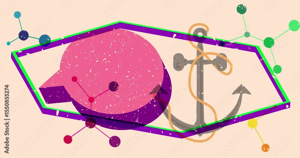 Poster risograph anchor and speech bubble with geometric shapes animation. moving object in trendy riso gra