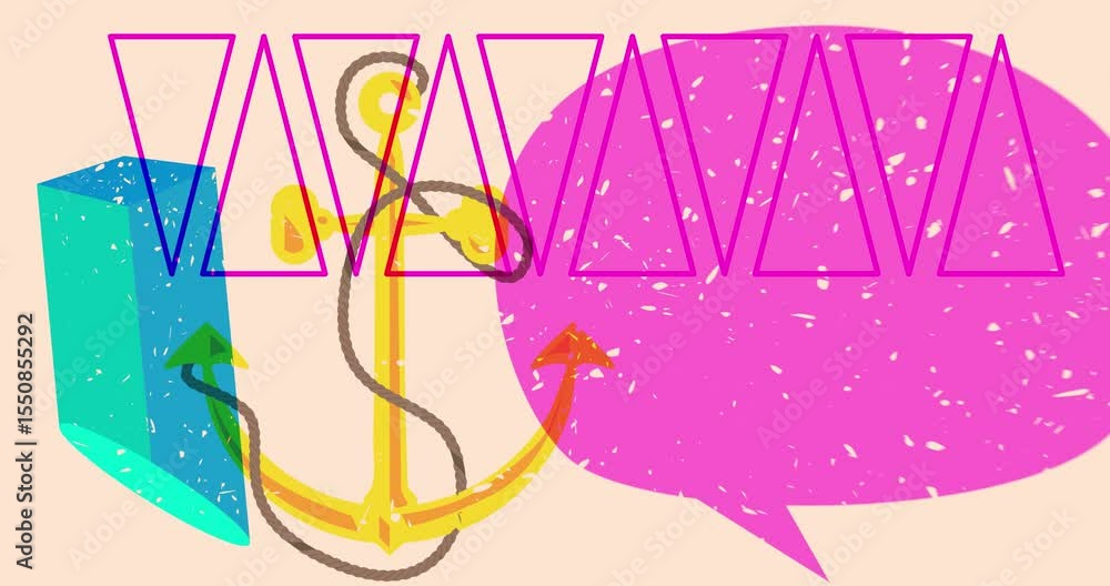 Poster risograph anchor and speech bubble with geometric shapes animation. moving object in trendy riso gra
