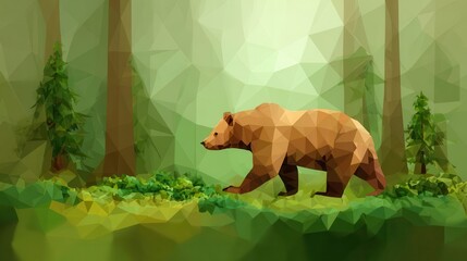 Naklejka premium Low-poly bear in a misty forest.