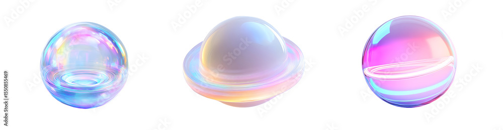 Poster set of abstract iridescent spheres with ethereal patterns. isolated on transparent background