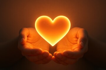 Fototapeta premium Illuminated Human Heart Symbol Representing Love and Care in Protective Hands with Warm Golden Light