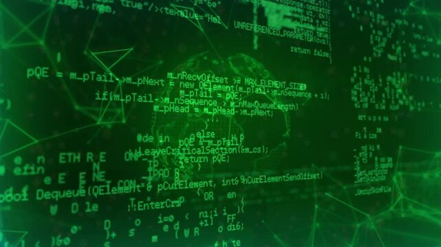 Upon snippet appearing, green code scrolling while wireframe globe rotating visualizing network