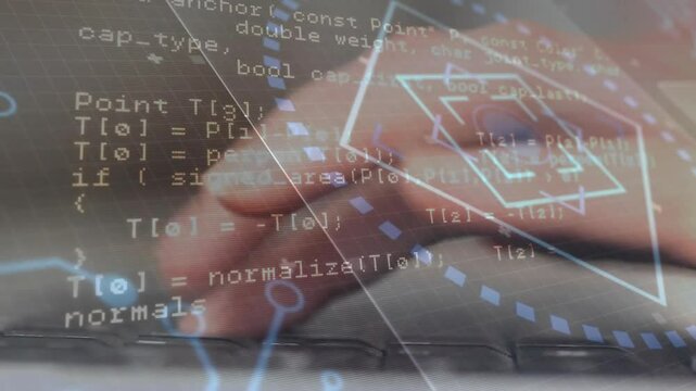 Programmer hand pressing keys starting hex HUD overlay shifting through HTTP geometry to show logic