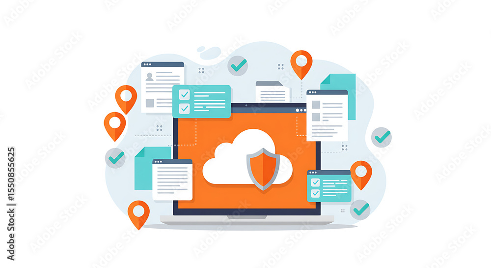 Poster cloud security: secure computing in a digital world, showcasing a stylized laptop with a central clo