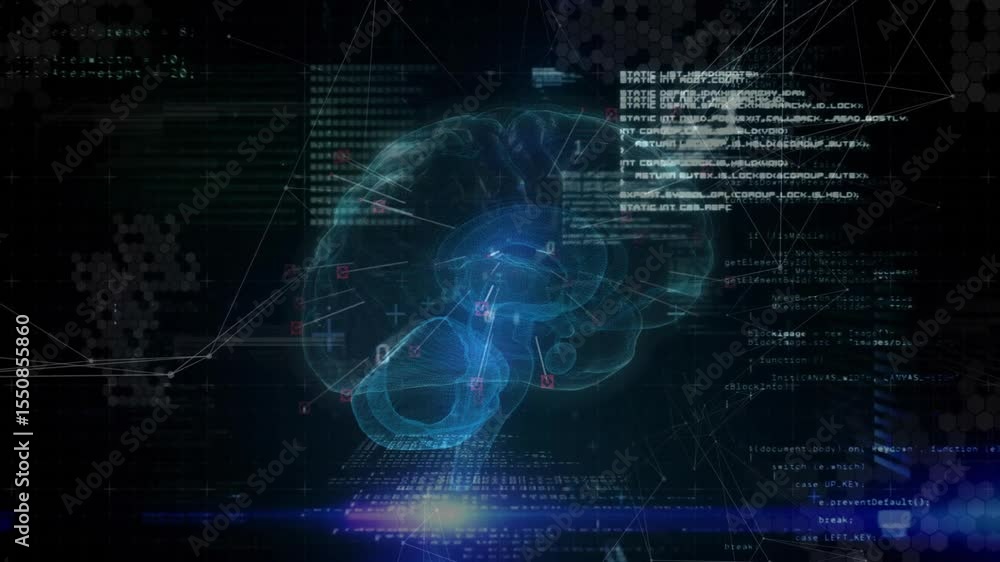 Poster Emerging brain rotating, nodes linking code panels and arrows converging visualizing neural data