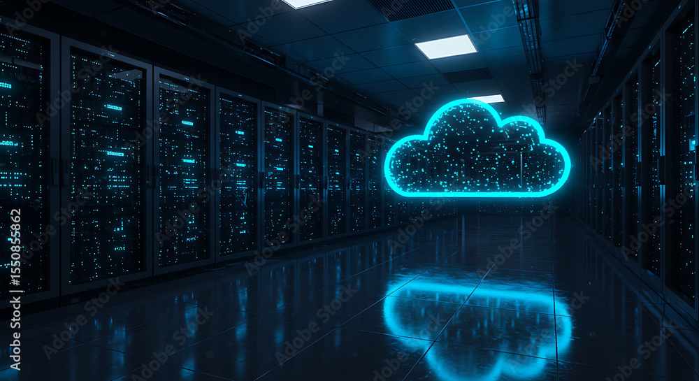 Poster cloud computing data center: this image showcases a sleek, modern data center environment, with rows