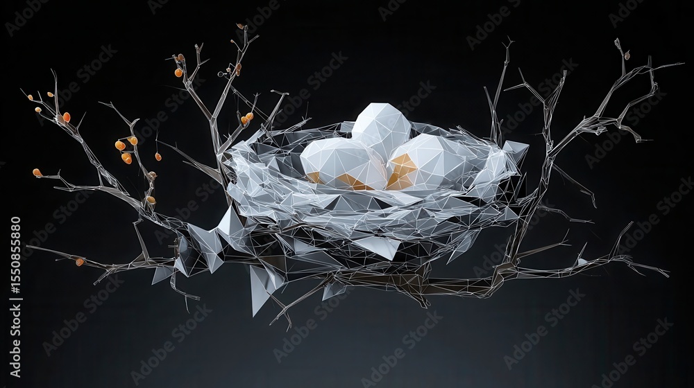 Poster abstract nest with eggs and branches in a polygonal style.