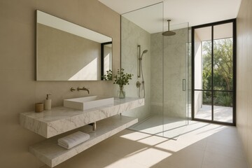 Fototapeta premium Ultra-modern minimalist bathroom featuring floating vanity and seamless glass shower enclosure
