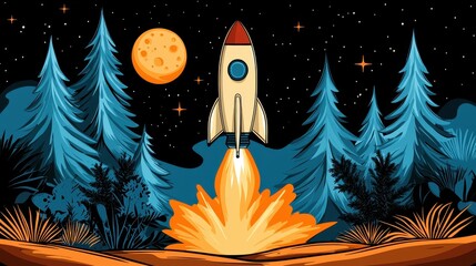 Pixel Art Rocket Launch at Night  Orange Flames, Starry Sky, and Pine Trees