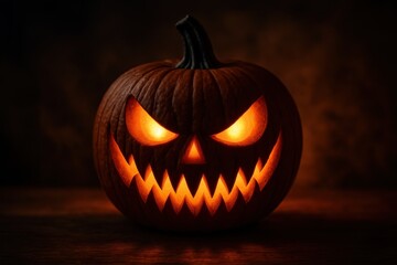 Fototapeta premium Menacing Halloween Jack-O'-Lantern with Glowing Eyes for Spooky Seasonal Decoration and Horror Themes