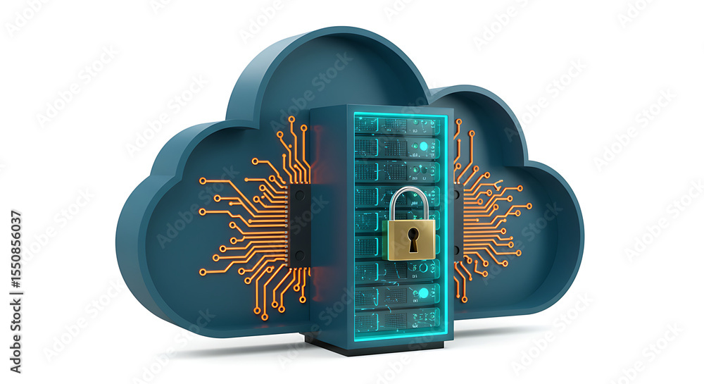 Poster secure cloud: a conceptual image of cloud computing security featuring a server with a lock symbol, 