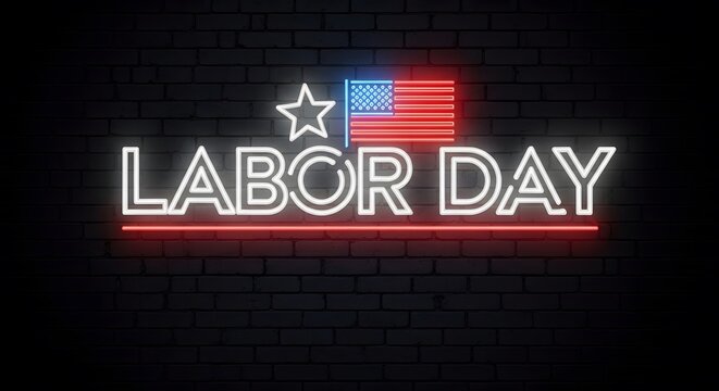 Neon sign on a dark brick wall reading “Labor Day” with stars and American flag icons glowing in red, white and blue – retro-futuristic style. - Powered by Adobe