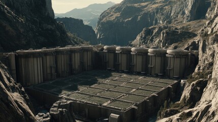 Massive dam structure nestled within a dramatic mountain gorge.