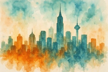 Obraz premium Abstract metropolitan skyline watercolor with vibrant orange and teal color scheme