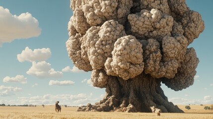 Massive explosion cloud over a golden field with two distant animals.