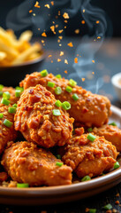 Hot and crunchy fried chicken wings garnished with chopped green onion served plate with steam rising, showing fresh