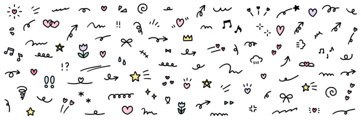 手書きの飾りイラストのベクターイラストセット。手描き、集中線、花、落書き、ハート、星