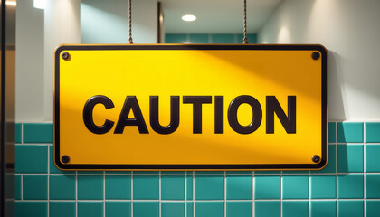 Caution sign with bold black letters on bright yellow background hanging in modern tiled interior, alerting safety