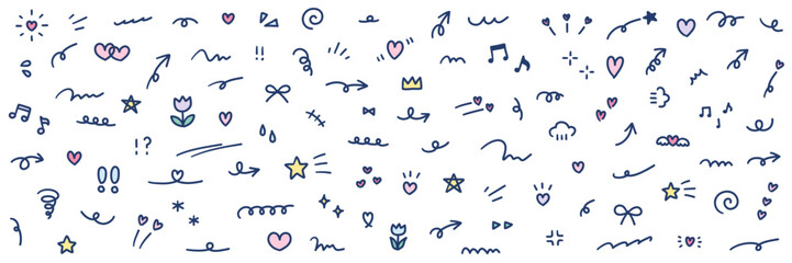 手書きの飾りイラストのベクターイラストセット。手描き、集中線、花、落書き、ハート、星